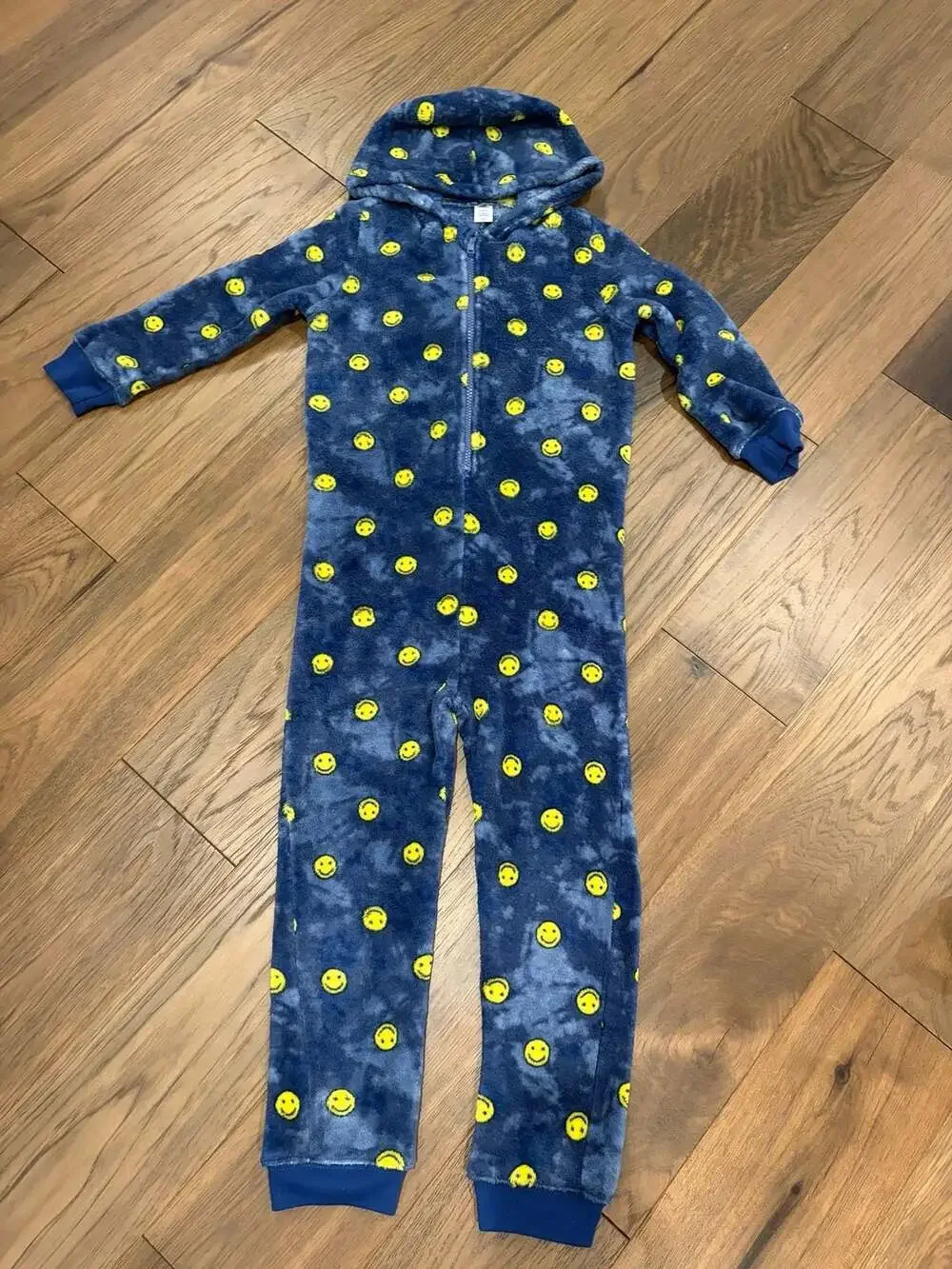 Old Navy Blue Yellow Smiley Face Fleece Hooded One Piece Pajamas Size S 6-7